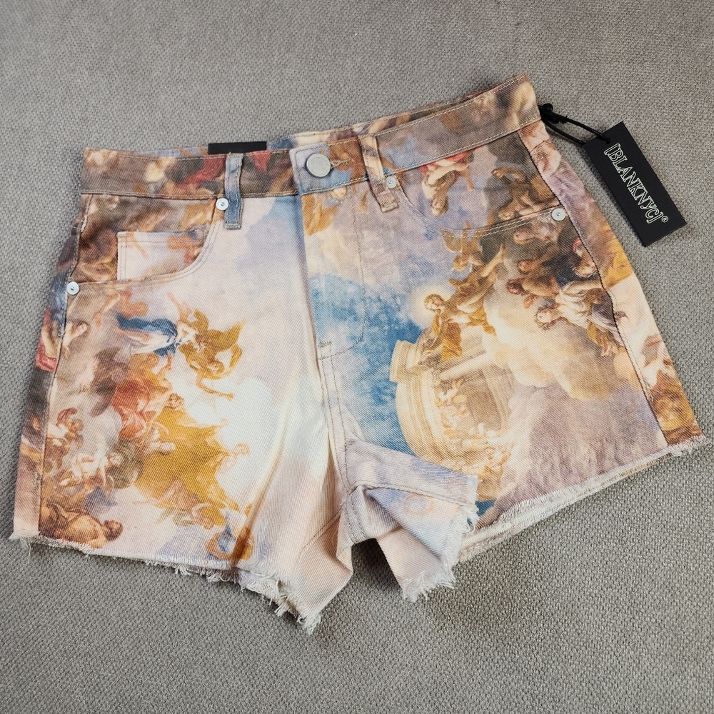 NWT Blank NYC Barrow The Vatican Angel‎ Print Denim Shorts Size 25